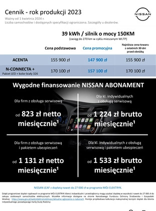 Nissan Leaf cena 151900 przebieg: 10, rok produkcji 2023 z Pińczów małe 172